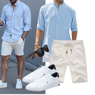 Knielang Outfit mit Khaki/Weiß Leinen-short/Chino Shorts/Kurze Hose/Musselin Shorts/Bermuda/Baggy Short Tansozer "Freizeit Outfit"
