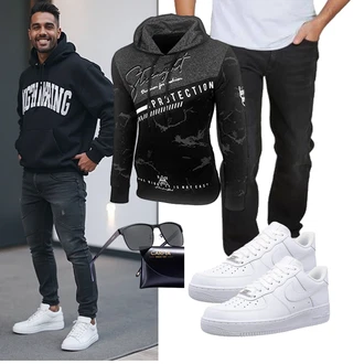 Freizeit Outfits Jeans Winter mit Schwarz/Grau/Dunkelgrau/Dunkelblau Vintage Hoodie/Hoodie/Sport Sweatshirt/Ausgefallener Hoodie/Sport Hoodie Baxboy "Freizeit Outfit"