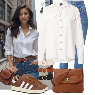 Kombinacije za bucmaste Matični ured sa Zlatni/Bijela/Bež/Smeđa Kožni Remen/Klasični Remeni/Ležerni Remen studio select "Ljetni outfit za slobodno vrijeme"Look: Matični ured, Škola, Koncer, Novogodišnja noć, Festival