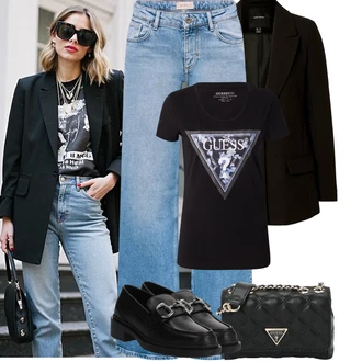 Outfit s Černá/Hnědá/Tmavě červená Business Bota/Mokasín/Polobotek Trotteur/Nízká bota na podpatku About You "Jarní outfit"