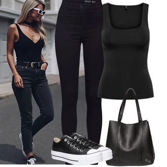 Old Money Outfit s Černá/Tmavě modrá Motorkářské Džíny/High Waist Džínové Kalhoty/Push up Džín/Kožená bunda/Kožené Boty/Termální Džíny/Zimní bunda Noisy may "Jarní outfit"Look: Cool, Disko, Old Money, Venkovní, Bezešvé