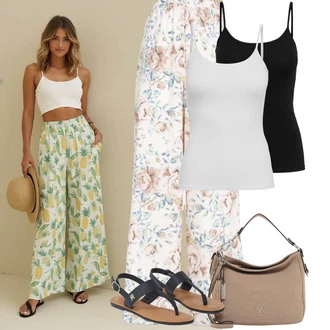 Outfit s Bílá/Hnědá/Béžová/Červená/Khaki Culotte Kalhoty/Látková Kalhoty/Kalhoty s Peřím/Kalhoty s Potiskem/Široká Kalhoty/Marlene Kalhoty/Plážová Kalhoty/Palazzo Kalhoty influencer "Jarní outfit"
