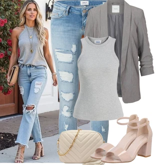 Outfit sa Plava/Svjetloplava Kožna Jakna/Kožne jakne/Traperica Niskog Struka/Čizma do Gležnja/Traperice s Rupom/Push-up Traperice/Traperice s Prorezom Only "Jarní outfit"
