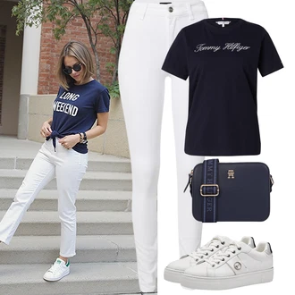 Volejbal Outfit s Tmavě modrá Fancy tričko/Tričko s krátkým rukávem/Sportovní tričko Tommy Hilfiger "Jarní outfit"Look: Volný čas, Posilování, Běhání, Ragby, Volejbal
