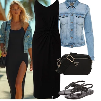 Outfit s Černá Žerzejové Šaty/Šaty v Délce do Lýtka/Dlouhé pletené šaty/Šaty S Rovným Střihem/Asymetrické Šaty/Šaty s Holým Zády/Midi Šaty/Šaty s Rozparkem Edited "Jarní outfit"