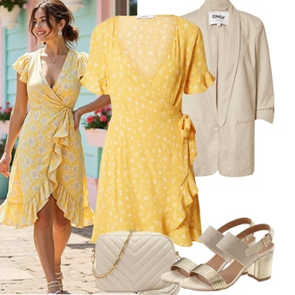 Výstřih kolem krku Outfit s Žlutá Zavinovací Šaty/Společenské šaty pro hosta/Letní Šaty About You "Jarní outfit"