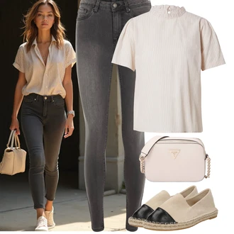 Outfit s Bílá/Hnědá/Béžová/Khaki Halenka a Tunika/Halenka Móda Pro Plnoštíhlou/Tričko & Top Móda Pro Plnoštíhlé Cream "Jarní outfit"