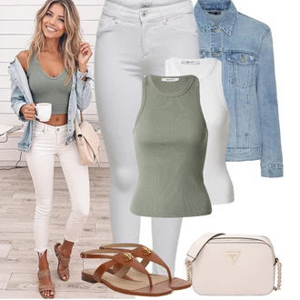 Kombinacije za zabavu Denim/Traper sa Svjetloplava/Plava Kratka Traper Jakna/Traper Jakna VERO MODA, Siva/Srebro/Bijela/Krem Treggings/Skinny Hlače/Traper Tajice/Jeggings/Push-up Hlača Only "Jarní outfit"