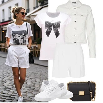 Outfity pro jaro Old Money s Bílá/Krémová Vysoký pas kraťasy/Lněný kraťas/Mušelínové Šortky/Šortky/Pytlovitý Šortky VERO MODA "Jarní outfit"Look: Emo, Rad, Klasické, Cool, Krásný, Old Money, Příliš oblečený, Skromné, Traditional