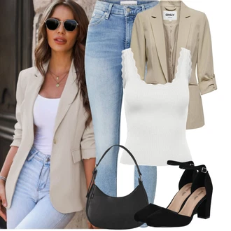 Outfit sa Svjetloplava/Plava Kožna Jakna/High Waist Traperice/Muška Kožna Jakna/Čizma do Gležnja/Capri Traperice/Skraćene Traperice/Slip-on Traperice/Ženske Traperice 7/8 Dužine/Push-up Traperice/Traperice s Prorezom Calvin Klein Jeans "Jarní outfit"