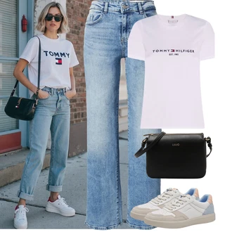 Outfit s Světle modrá/Modrá Kalhoty s dírou/Boyfriend Kalhoty/Kalhoty Bootcut/Kalhoty se Štěrbinou/Zvonová Kalhoty/Rovná Kalhoty Noisy may "Jarní outfit"