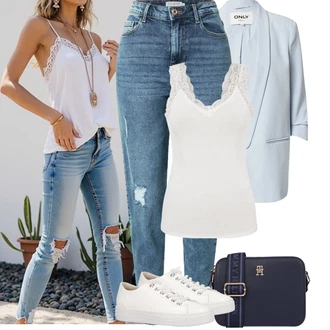 Proljeće Outfit sa Bijela/Krem Niska Tenisica/Tanka Tenisica/Kožna Tenisica/Tenisice s patentnim zatvaračem sa strane Paul Green "Jarní outfit"