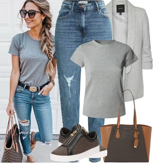 Vysoký Pas Outfit s Světle modrá/Modrá High Waist Džínové Kalhoty/Kotníková Bota/Boyfriend Džínové kalhoty/Džíny s Rozparkem/Kožené bundy/Džíny s Dírou/Girlfriend Džíny Pieces "Jarní outfit"