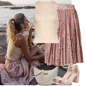 Outfity pro zábavu Od 50 let s Růžová/Hnědá/Fialová About You, Růžová/Hnědá/Béžová Sandál Na Podpatku/Sandál s podpatkem/Sandál Na Širokém Podpatku About You, Hnědá/Béžová/Khaki Pletený top/Pánské boty/Halenka Bez Rukávů/Bustierový Top Lascana "Jarní outfit"
