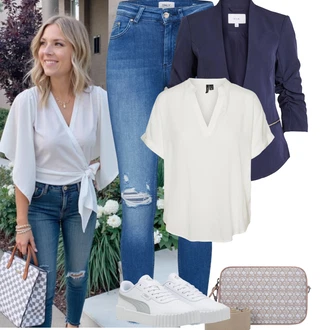 Kombinacije za bucmaste Matični ured sa Tamnoplava/Svjetloplava Nekategorizirano Vila "Jarní outfit"Look: Škola, Koncer, Korporativna zabava, Matični ured