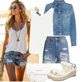 Outfity pro léto s Světle modrá/Modrá Košile Vysoký pas Kraťasy/Džínový Šortky aÉropostale "Jarní outfit"