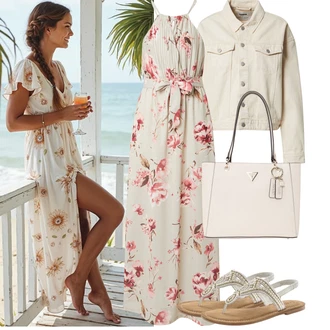 Výstřih kolem krku Outfit s Růžová/Hnědá/Fialová Maxi Šaty/Dlouhé Letní Šaty/Šaty S Potiskem/Šaty s výstřihem About You "Jarní outfit"