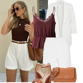 Outfit s Bílá/Krémová Košile Vysoký pas Kraťasy/Lněný kraťas/Mušelínové Šortky/Šortky/Pytlovitý Šortky VERO MODA "Jarní outfit"