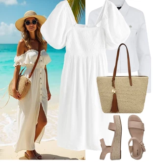 Outfit s Hnědá/Béžová Sandál Dianette/Římská sandála/Sandál S T Páskem/Rybářská sandála/Sandál se suchým zipem About You "Jarní outfit"