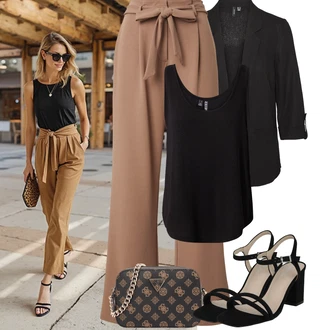 Outfit s Černá/Bílá/Hnědá Bota Sandál Na Podpatku/Sandál Na Širokém Podpatku/Sandál s podpatkem About You "Jarní outfit"