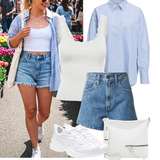 Outfit sa Svjetloplava/Plava Oversize Bluza/Bluza s gumbom/Slip-on Bluza/Bodija Bluze/Poslovna Bluza/Bluza Dugih Rukava/Bluza koja se ne pegla/Duga Bluza/Bluza s Podignutim Ovratnikom jjxx "Jarní outfit"