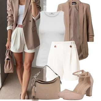 Malle Outfit s Béžová/Krémová/Bílá/Khaki Vysoký pas kraťasy/Bermuda/Chino kraťasy/Lněný kraťas/Mušelínové Šortky/Papírové Šortky/Šortky About You "Jarní outfit"Look: Bar, Den na pláži, Koncert, Chatky, Škola, Coachella, Malle