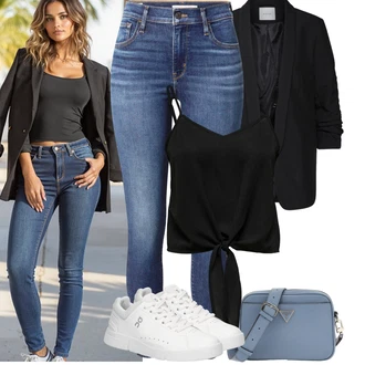 Outfit s Modrá/Světle modrá/Tmavě modrá Kožená bunda/Zimní bunda/Zkrácené Džíny/Navlékací džíny/Push up Džín/Kožená Pánská Bund/Kotníková Bota/Capri Džíny/High Waist Džínové Kalhoty/Kožené Boty/Dámské Džíny s Délkou 7/8/Slim Fit Džíny levi's ® "Jarní outfit"