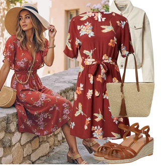 Veći brojevi Svatovski gost Outfit sa Crvena/Tamnocrvena/Ljubičasta Haljina Veći Broj/Tunika About You "Jarní outfit"