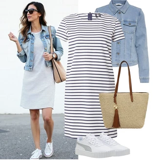 Výstřih na ramena A line Outfit s Tmavě modrá/Bílá Pouzdrové Šaty/Tričkové šaty VERO MODA "Jarní outfit"