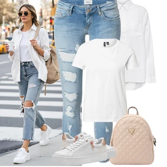 Outfit s Bílá/Krémová Halenka se Stojatým Límcem/Oversize Muselínová Blůza/Žehlení odolná blůza/Businessová Halenka/Oversize Halenka/Halenka s Dlouhým Rukávem/Blůza s knoflíčkem/Slip-on Halenka/Halenkové Body/Lněná Halenka Only "Jarní outfit"