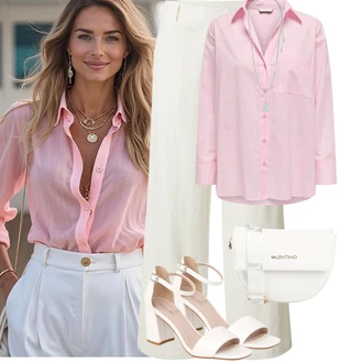Outfit s Bílá/Krémová/Červená/Hnědá Bota Sandál s podpatkem/Sandál Na Širokém Podpatku About You "Jarní outfit"