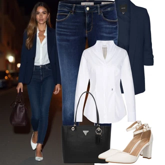 Outfit s Tmavě modrá/Modrá Kožená bunda/Džín s Nízkým Pasem/Kožená Pánská Bund/Dámské Džíny s Délkou 7/8/Push up Džín/Slim Fit Džíny/Navlékací džíny/Džíny s Nízkým Sedem/Kožené Boty/Zimní bunda/Kotníková Bota Guess "Jarní outfit"
