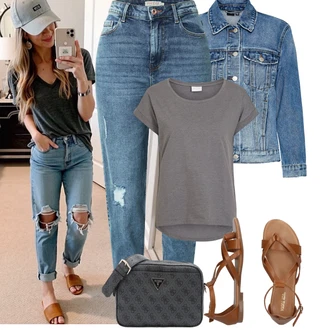 Outfity pro zábavu Od 50 let s Modrá/Světle modrá Vintage Bund/Džínové Bund/Krátké Džínové Bundičky VERO MODA, Světle modrá/Modrá High Waist Džínové Kalhoty/Kotníková Bota/Boyfriend Džínové kalhoty/Džíny s Rozparkem/Kožené bundy/Džíny s Dírou/Girlfriend Džíny Pieces, Šedá/Světle šedá/Hnědá/Tmavě šedá Tričko/Jednoduchý top/Mužské běžecké boty/Neformální tričko/Pletené tričko/Košilový top/Tričko s krátkým rukávem/Krátký top/Zavinovací Tričko Vila, Hnědá/Béžová Sandál S T Páskem/Vintage sandál/Páskový Sandál/Gladiátorská sandála/Římská sandála/Letní Bota About You "Jarní outfit"