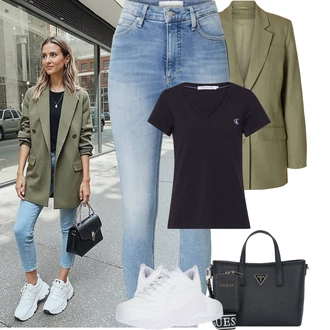 90tá léta Outfit s Světle modrá/Modrá Kožená bunda/Džíny s Rozparkem/Push up Džín/Dámské Džíny s Délkou 7/8/Kožená Pánská Bund/Capri Džíny/High Waist Džínové Kalhoty/Kotníková Bota/Zkrácené Džíny/Navlékací džíny Calvin Klein "Jarní outfit"Look: Styl, 90tá léta, Cool, Krásný, Old Money