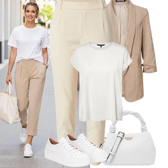 Outfity pro jaro Ležérní s Bílá/Krémová Nízká Teniska/Kožené tenisky/Letní tenisky/Teniska na platformě/Úzká teniska Kazar, Šedá/Stříbrný/Bílá/Krémová Tričko/Jednoduchý top/Mužské běžecké boty/Tričko s vodopádovým výstřihem/Pletené tričko/Síťované tričko/Tričko s krátkým rukávem/Krátký top/Zavinovací Tričko VERO MODA "Jarní outfit"Look: Estetika, Bad Taste, Ležérní, Šik, Klasické, Lak, Skater, Sportovní, Unisex, Rad, Emo, Nadrozměrné, Skromné, Univerzitní