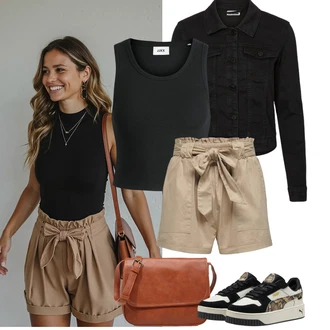 Koncer Outfit sa Crna/Tamnoplava Nekategorizirano Noisy may, Smeđa/Bež Ured Za Torbu/baguette vrećica/Torba za rame/Torba Za Preko Ramena/Torbica/Torba Za Notebook/Torba za nošenje/Torba preko ramena About You, Crna Majica I Top Veći Broj/Bluza Veći Broj jjxx, Bež/Kaki Kratke hlače velike veličine Only "Jarní outfit"Look: Koncer, Škola, Fašnik, Festival, dan na plaži, Brvnare