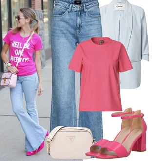 90tá léta, Styl Outfit s Světle modrá/Modrá High Waist Džínové Kalhoty/Džíny Culottes/Džín s Širokou Nohavicí/Džíny Volného Střihu/Džíny s Rozparkem/Zvonové Džíny/Vintage džíny/Baggy Džíny/Pánské tričko VERO MODA "Jarní outfit"Look: Styl, 90tá léta, Bad Taste, Klasické, Old Money, 70tá léta
