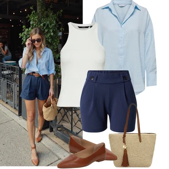 Léto Outfit s Tmavě modrá/Modrá Košile Vysoký pas Kraťasy/Šortky/Bermuda/Mušelínové Šortky JdY "Jarní outfit"
