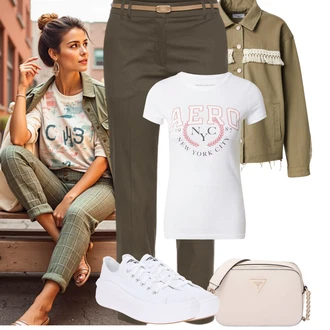 Letadlo Outfit s Pastelové barvy/Červená Mužské běžecké boty/Fancy tričko/Těhotenské tričko/Košile s potiskem/Tréninkové tričko/Tričko s potiskem aÉropostale, Bílá/Krémová Teniska na platformě/Plátěná teniska/Nízká Teniska Converse "Jarní outfit"