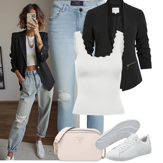 Outfit s Černá Kožená Pánská Bund/Smokingové sako/Elegantní Sako/Krátké Sako/Neformální Sako/Blůzové Sako/Boyfriend Sako/Kožená bunda pro muže/Blejzrové Bund Vila "Jarní outfit"