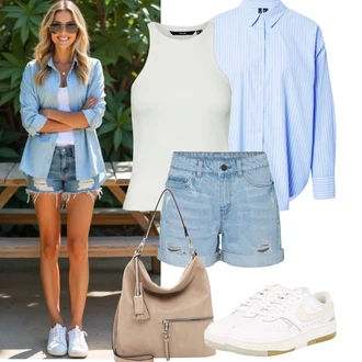 Letadlo Outfit s Bílá/Béžová/Krémová/Khaki/Modrá Vintage teniska/Letní tenisky/Nízká Teniska/Teniska s dírkovaným vzorem/Úzká teniska/Skate Bota/Kožené tenisky Nike Sportswear "Jarní outfit"