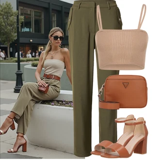 Outfit sa Narandžasta/Smeđa/Crvena/Bež Torba preko ramena/Torbica/Mala Torbica/Muška torba/Torba za rame/Pojasna torbica Guess "Jarní outfit"