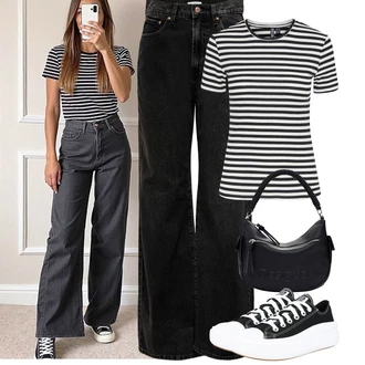 Old Money Outfit s Černá Džíny Džín s Širokou Nohavicí/Zvonové Džíny/High Waist Džínové Kalhoty/Džíny Culottes/Džíny s Rozparkem/Džíny Volného Střihu Only "Jarní outfit"Look: Styl, Old Money, 70tá léta