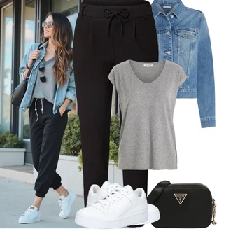 Outfit s Černá Teplák/Střmenová Kalhoty/Mušelínové kalhoty/Navlékací Kalhoty/Úzká Kalhoty/Žerzejová Kalhoty/Sportovní kalhoty/Jogger Kalhoty Only "Jarní outfit"