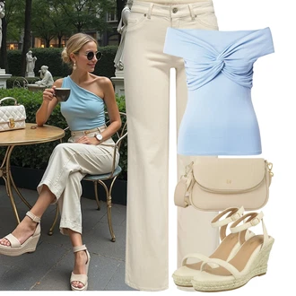 Outfity pro jaro Old Money s Světle modrá/Modrá Tričko s vodopádovým výstřihem/Košile Carmen/Top bez ramínek/Top Na Party/Zavinovací Tričko about you x iconic by tatiana kucharova "Jarní outfit"Look: Emo, Rad, Cool, Disko, Krásný, Old Money, Příliš oblečený, Romantický, Univerzitní, Extravagantní