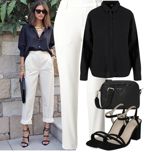 Kombinace Černá Blůza s knoflíčkem/Halenka se Stojatým Límcem/Businessová Halenka/Halenka s Dlouhým Rukávem/Oversize Halenka/Oversize Muselínová Blůza About You
