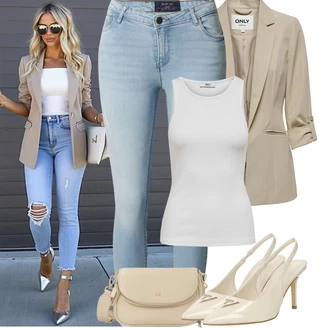 Outfity pro sport 90tá léta s Světle modrá Kožená bunda/Džíny s Dírou/Kožené bundy/Kotníková Bota/Zkrácené Džíny/Džíny s Rozparkem/Push up Džín Noisy may "Jarní outfit"Look: Styl, 90tá léta, Cool, Krásný, Old Money