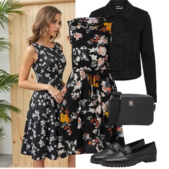 Výstřih kolem krku Outfit s Černá/Růžová Šaty Fit & Flare/Ležérní Šaty/Šaty Do Áčka/Šaty s Kapsou/Skater šaty/Šaty S Potiskem/Letní Šaty/Šaty Bez Rukávů About You "Jarní outfit"