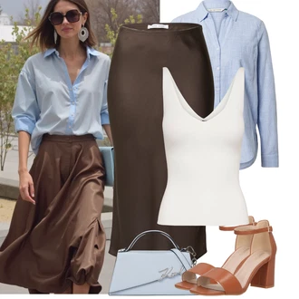 Kombinacije za ljeto Prekrasan sa Svjetloplava Bluza i Tunika/Bluza Veći Broj Tom Tailor, Narandžasta/Smeđa Sandala na Petu/Sandalice s blok petom/Sandala s petom About You "Jarní outfit"Look: klasický, Stil, Prekrasan, Sveučilišna, Ured, Transparentan, Ležerno, Preppy, Pametno ležerno, cool, Old Money, Besprijekorno, Vintage, Elegantan, Šik