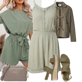 Kombinacije za ljeto Prekrasan sa Tamnozelena/Kaki/Bež Ljetna Cipela/Espadrila s Platformom/Espadrila sandala/Espadrila s klinastim petom About You "Jarní outfit"Look: Talijanski, Ležerno, Boho, Prekrasan, cool, Safari, Sportski